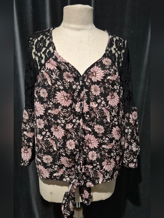 Knox Rose Tops - Knox Rose Black Button-Front Floral Top with Pink Print (Box B)